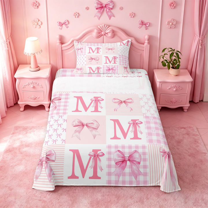 meiyoeat Pink Grid Bowknot Bed Sheets For Girls,Bow Initial Letter M Full Size Sheets For Kids,4-Piece