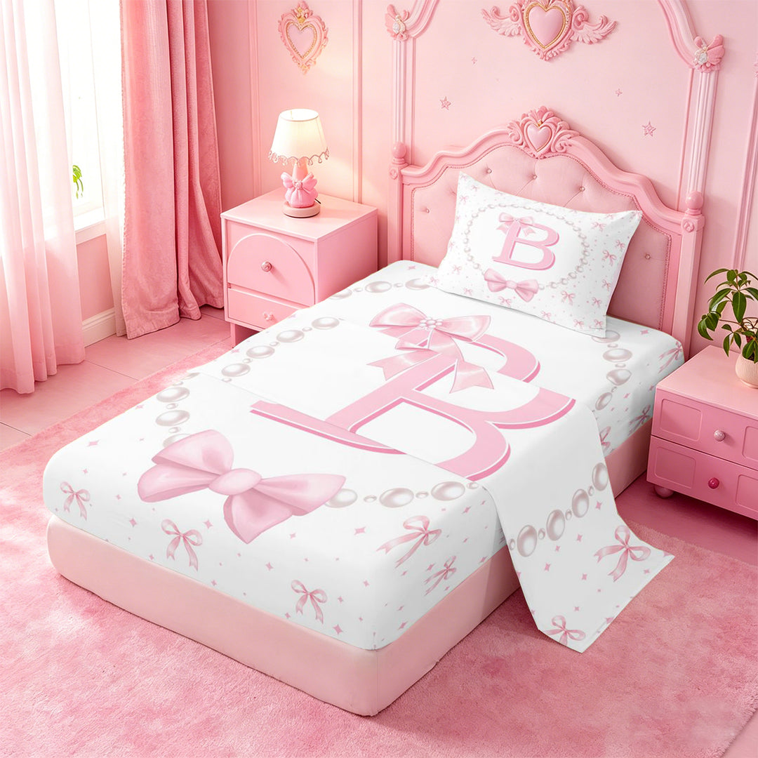 meiyoeat Bow Alphabet B Bed Sheets For Girls,Kids Pink Coquette Bowknot Full Size Sheets,4 Pieces