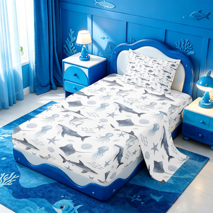 meiyoeat Soft Ocean Animal Bed Sheets For Boys,Shark Pattern Full Size Sheets,4-Piece,1 Flat Sheet,1 Fitted Sheet and 2 Pillowcases