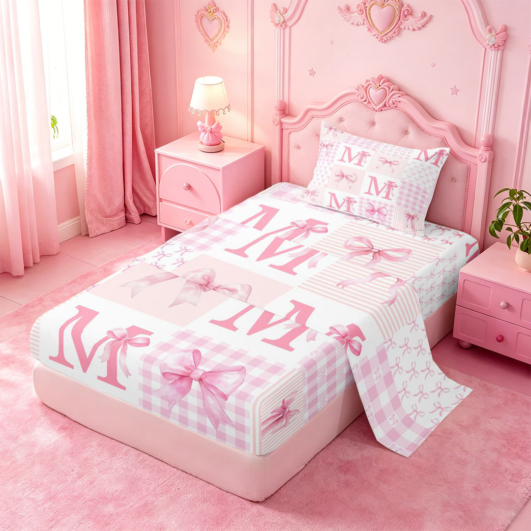 meiyoeat Pink Grid Bowknot Bed Sheets For Girls,Bow Initial Letter M Full Size Sheets For Kids,4-Piece