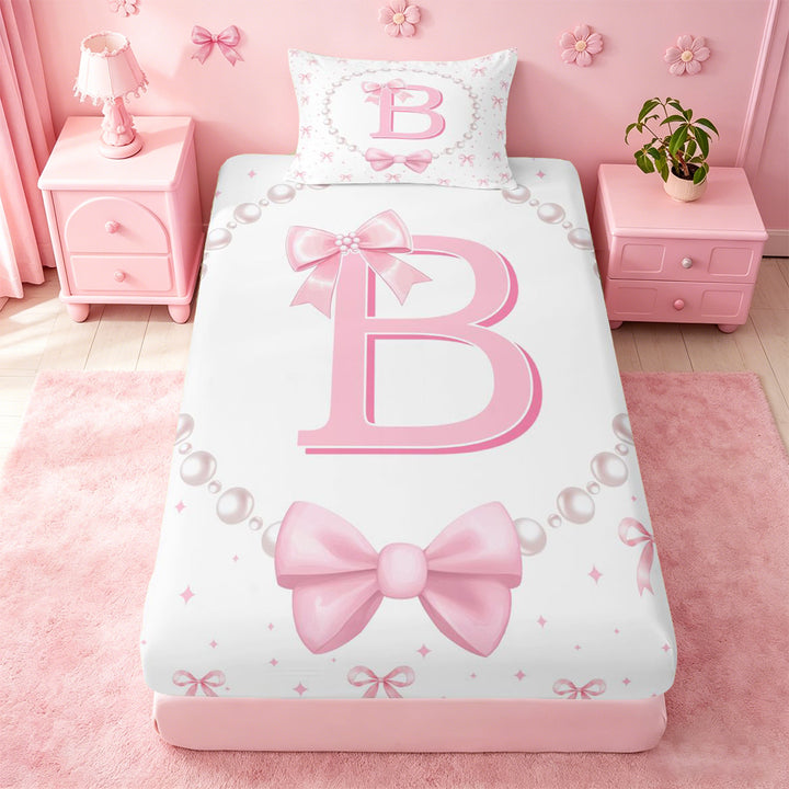 meiyoeat Bow Alphabet B Bed Sheets For Girls,Kids Pink Coquette Bowknot Full Size Sheets,4 Pieces