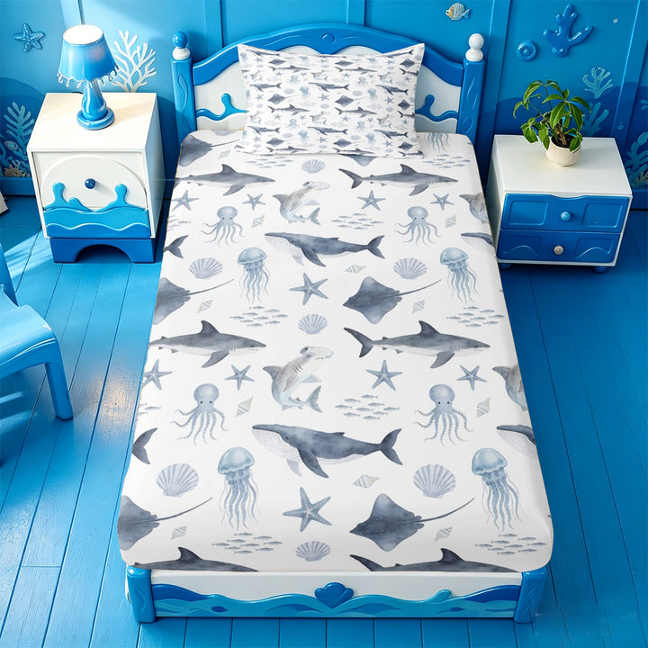 meiyoeat Soft Ocean Animal Bed Sheets For Boys,Shark Pattern Full Size Sheets,4-Piece,1 Flat Sheet,1 Fitted Sheet and 2 Pillowcases