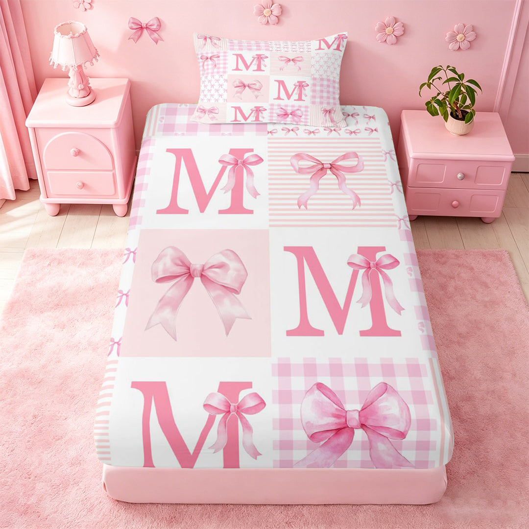 meiyoeat Pink Grid Bowknot Bed Sheets For Girls,Bow Initial Letter M Full Size Sheets For Kids,4-Piece