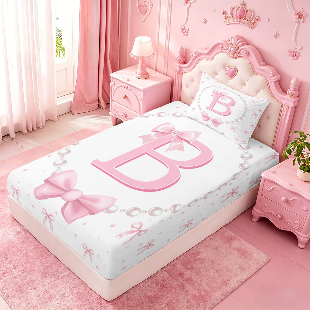 meiyoeat Bow Alphabet B Bed Sheets For Girls,Kids Pink Coquette Bowknot Full Size Sheets,4 Pieces