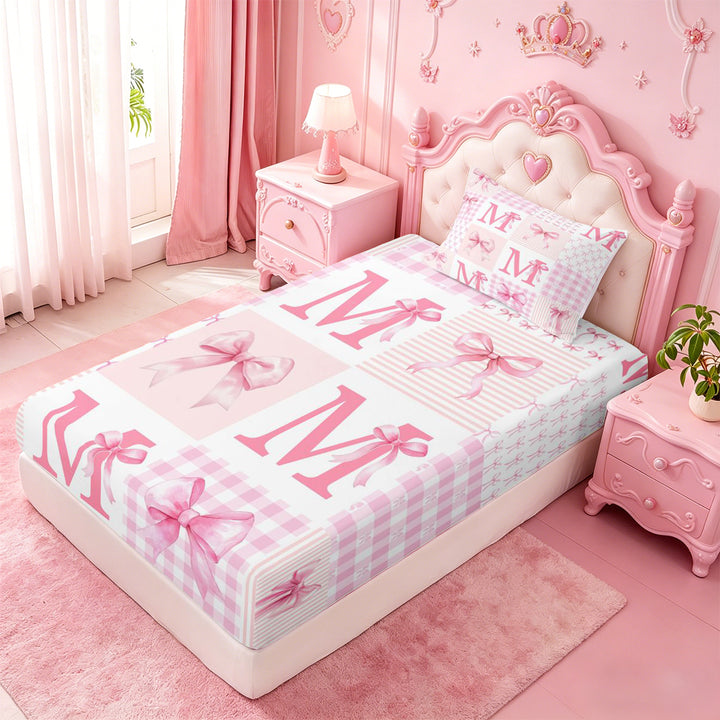 meiyoeat Pink Grid Bowknot Bed Sheets For Girls,Bow Initial Letter M Full Size Sheets For Kids,4-Piece