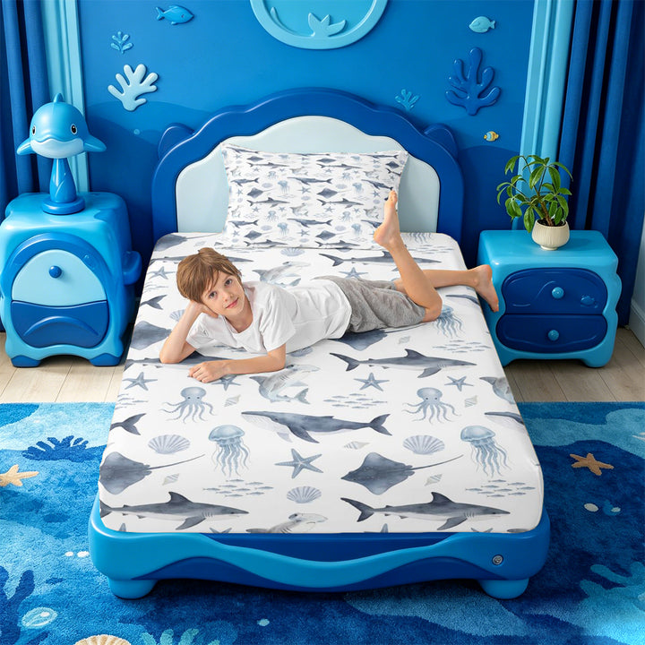 meiyoeat Soft Ocean Animal Bed Sheets For Boys,Shark Pattern Full Size Sheets,4-Piece,1 Flat Sheet,1 Fitted Sheet and 2 Pillowcases