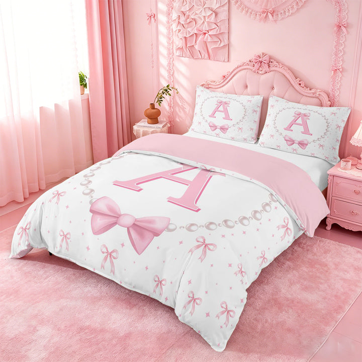 meiyoeat Bow Letter Print A Bedding For Girls,Girly Pink Bowknot Duvet Cover Full For Kids,Pink Reversible,3-Piece(No Comforter)