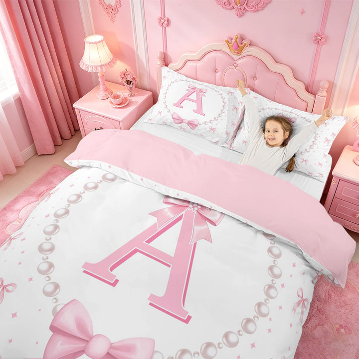 meiyoeat Bow Letter Print A Bedding For Girls,Girly Pink Bowknot Duvet Cover Full For Kids,Pink Reversible,3-Piece(No Comforter)
