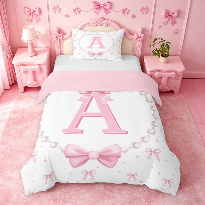 meiyoeat Bow Letter Print A Bedding For Girls,Girly Pink Bowknot Duvet Cover Full For Kids,Pink Reversible,3-Piece(No Comforter)
