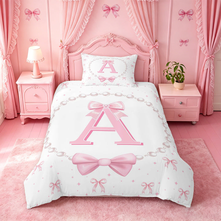 meiyoeat Bow Letter Print A Bedding For Girls,Girly Pink Bowknot Duvet Cover Full For Kids,Pink Reversible,3-Piece(No Comforter)