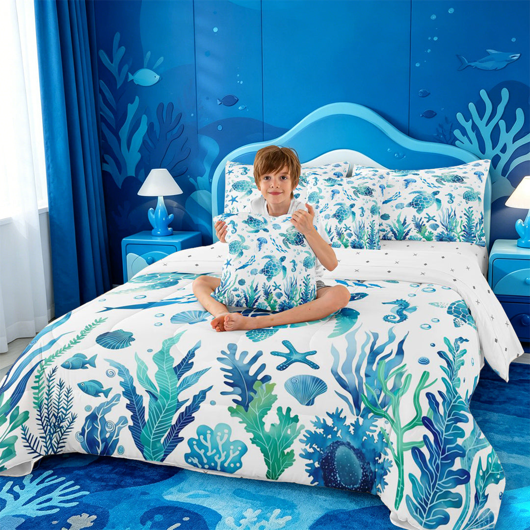 meiyoeat Watercolor Sea Turtle 7 Pieces Full Size Bedding Sets For Boys,Ocean Animal Starfish Full Size Bed in a Bag,Reversible