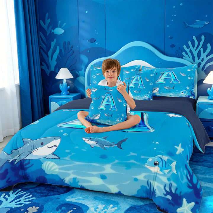 meiyoeat Cute Shark Monogram A 7 Pieces Full Size Bedding Sets For Boys,Ocean Theme Full Size Bed in a Bag,Navy Blue Reversible