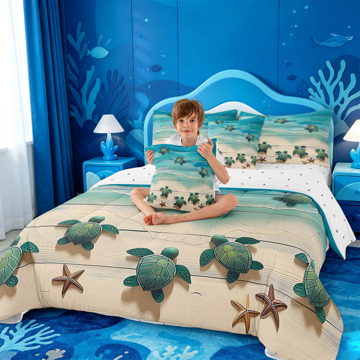 meiyoeat Watercolor Sea Turtle 7 Pieces Full Size Bedding Sets For Boys,Starfish Print Full Size Bed in a Bag