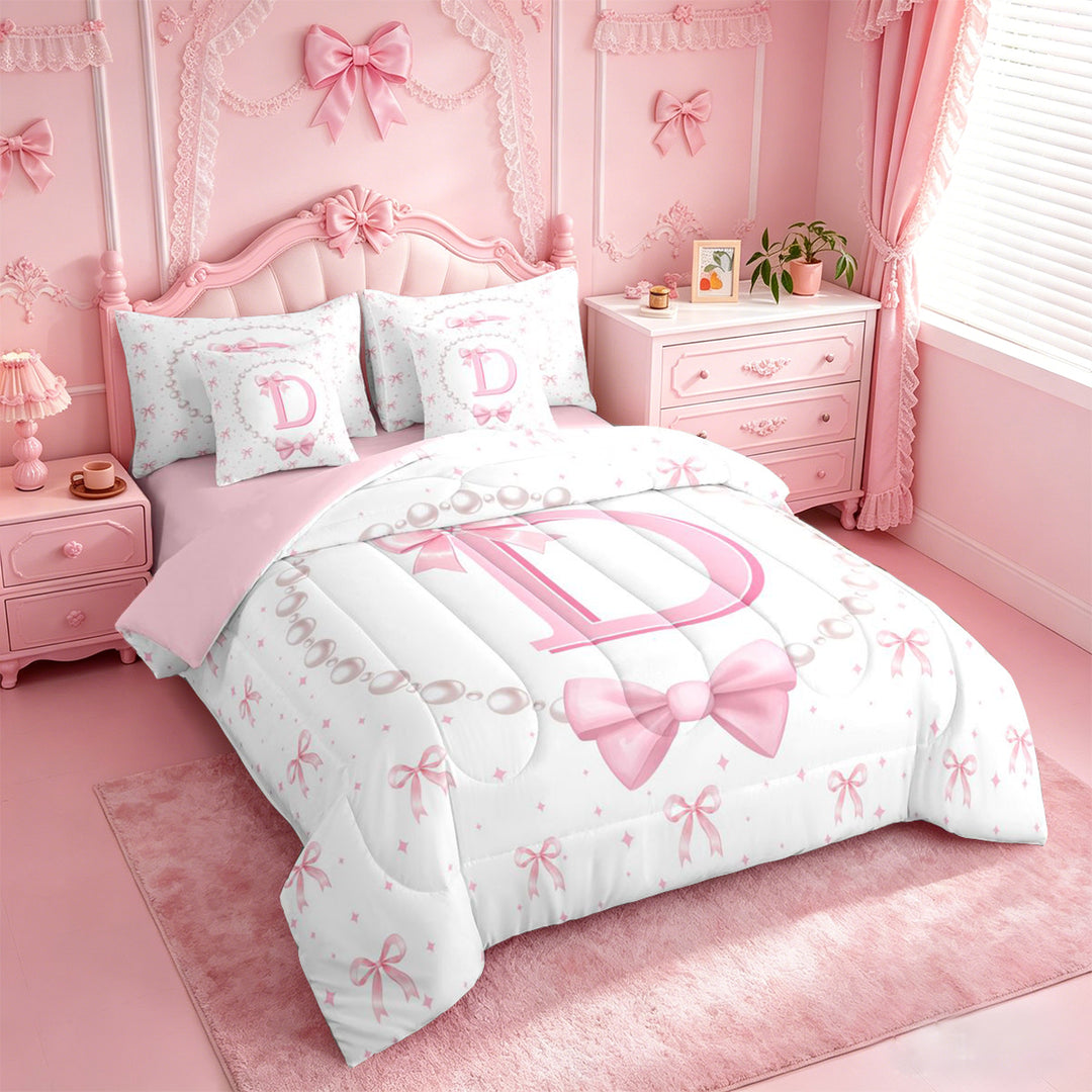 meiyoeat Ribbon Letter Print D 7 Pieces Full Size Bedding Sets For Kids,Fashion Women Pearl Necklace Full Size Bed in a Bag,Pink Reversible