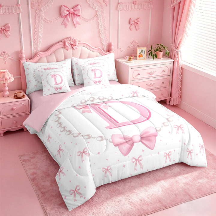 meiyoeat Ribbon Letter Print D 7 Pieces Full Size Bedding Sets For Kids,Fashion Women Pearl Necklace Full Size Bed in a Bag,Pink Reversible