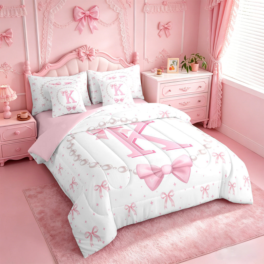 meiyoeat Cute Coquette Bowknot 7 Pieces Full Size Bedding Sets For Kids,Pink Ribbon Bow Initial Letter K Full Size Bed in a Bag,Pink Reversible