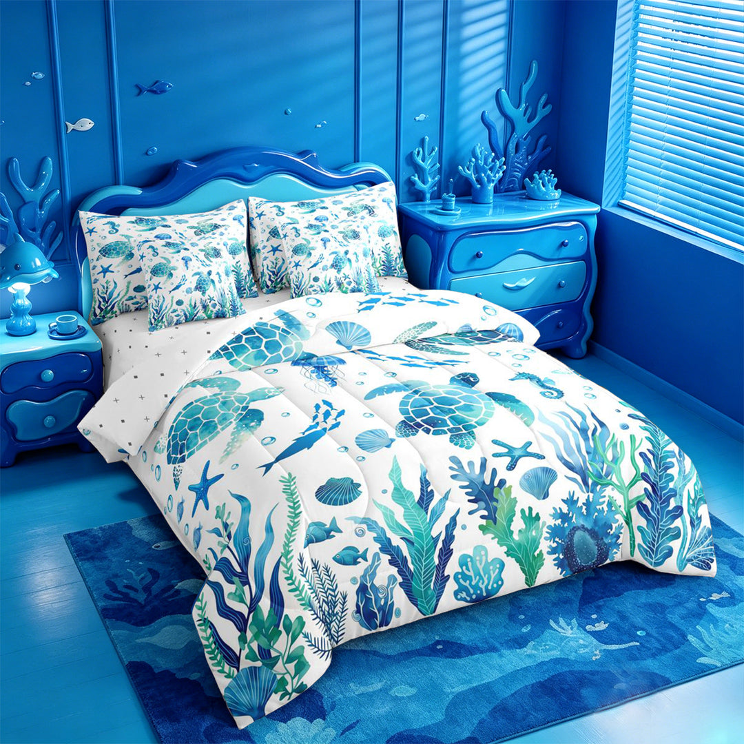 meiyoeat Watercolor Sea Turtle 7 Pieces Full Size Bedding Sets For Boys,Ocean Animal Starfish Full Size Bed in a Bag,Reversible