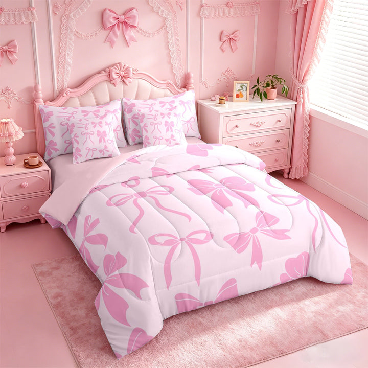 meiyoeat Pink Girly Bow 7 Pieces Full Size Bedding Sets For Kids,Ribbon Bowknot Full Size Bed in a Bag For Bowtie Lovers,Pink Reversible
