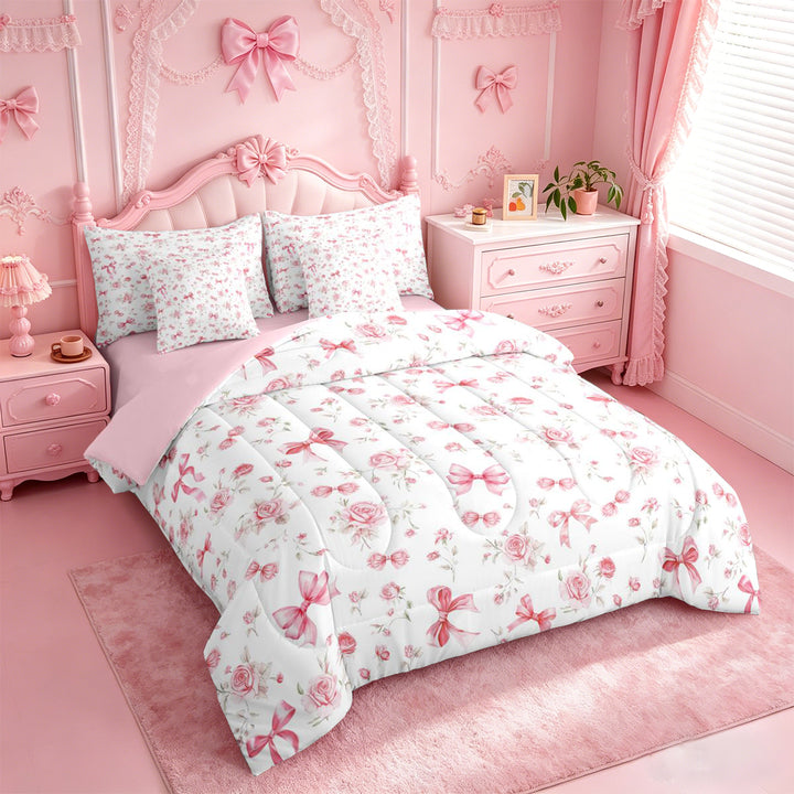 meiyoeat Pink Cute Flowers 7 Pieces Full Size Bedding Sets For Girls,Kawaii Coquette Bowknot Full Size Bed in a Bag For Kids,Pink Reversible