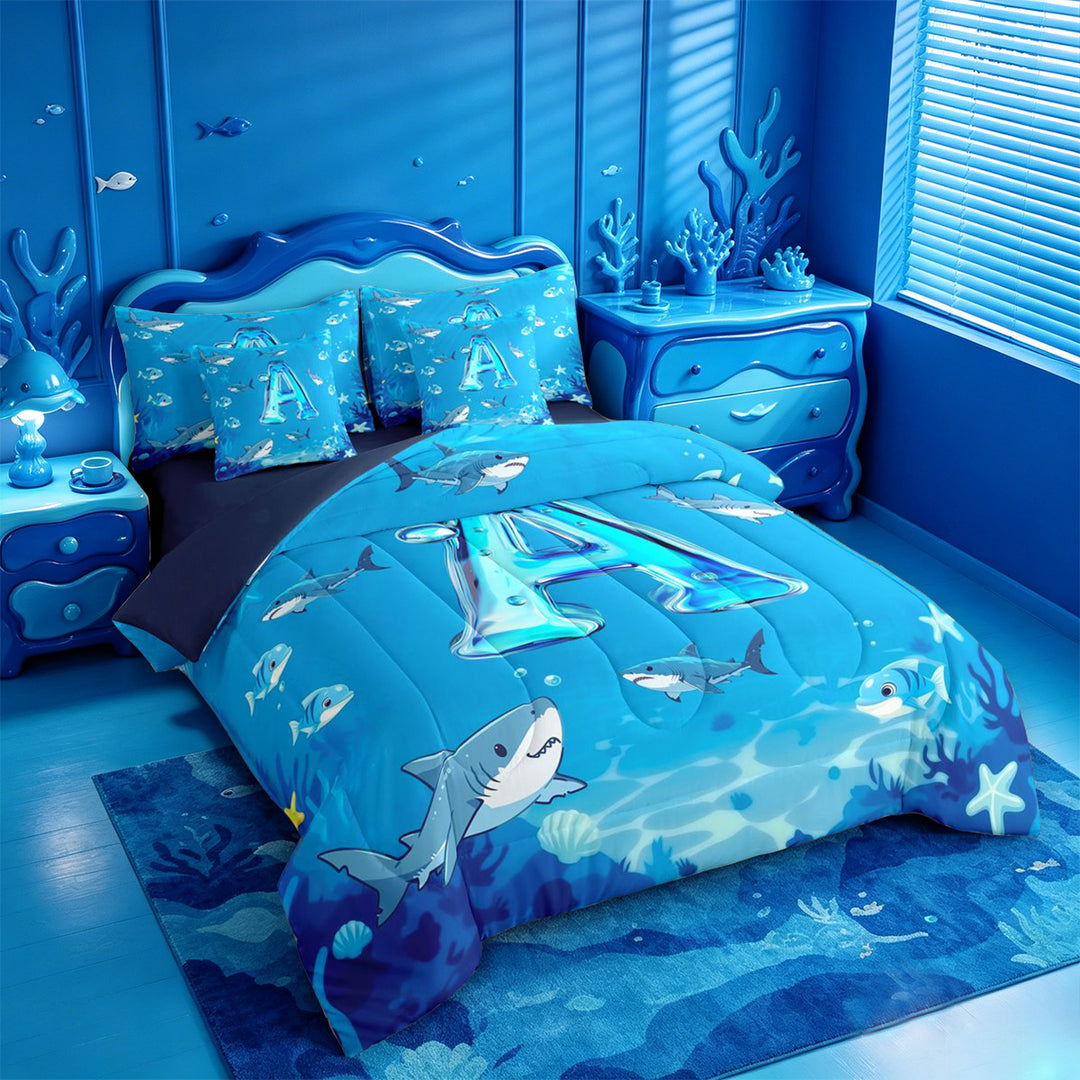 meiyoeat Cute Shark Monogram A 7 Pieces Full Size Bedding Sets For Boys,Ocean Theme Full Size Bed in a Bag,Navy Blue Reversible