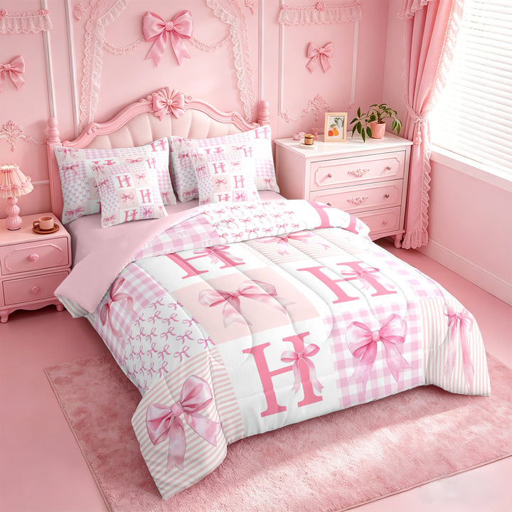 meiyoeat Modern Geometric Plaid 7 Pieces Full Size Bedding Sets For Kids,Pink Coquette Bow Initial Letter H Full Size Bed in a Bag,Pink Reversible