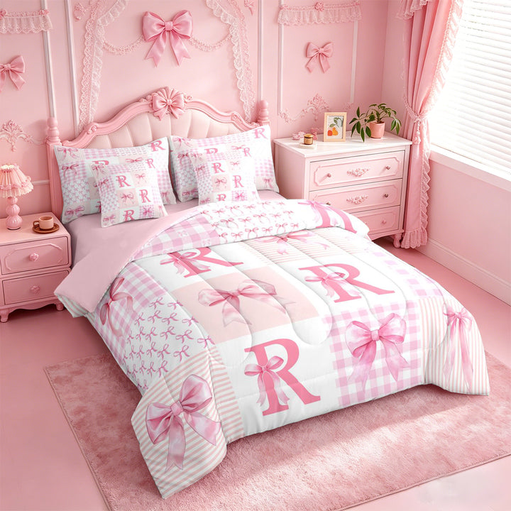 meiyoeat Abstract Geometric Plaid Buffalo 7 Pieces Full Size Bedding Sets,Girly Bows Monogrammed R Full Size Bed in a Bag For Kids,Pink Reversible
