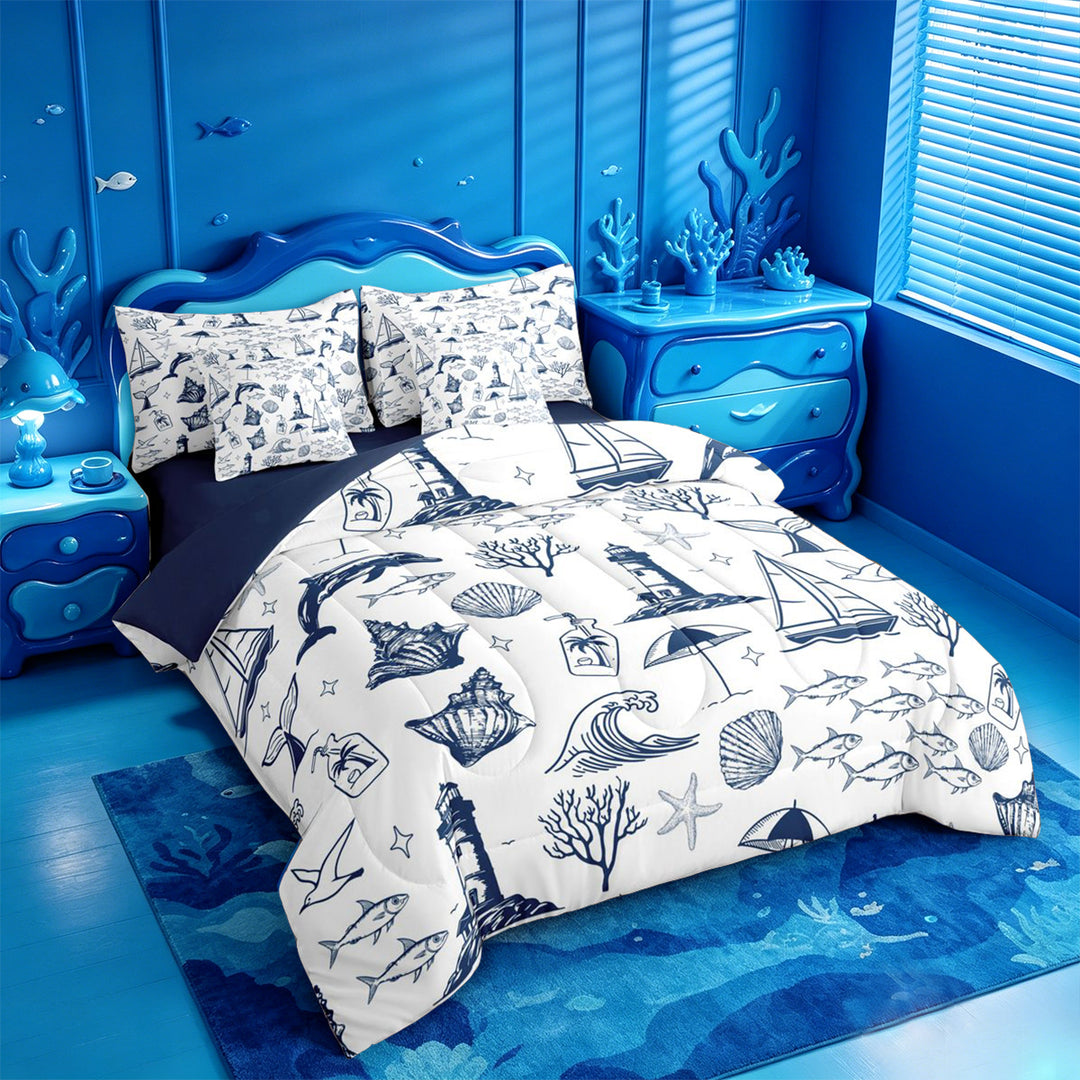 meiyoeat Sea Navigation Theme 7 Pieces Full Size Bedding Sets For Boys,Ocean Lighthouse Cute Whale Full Size Bed in a Bag,Reversible