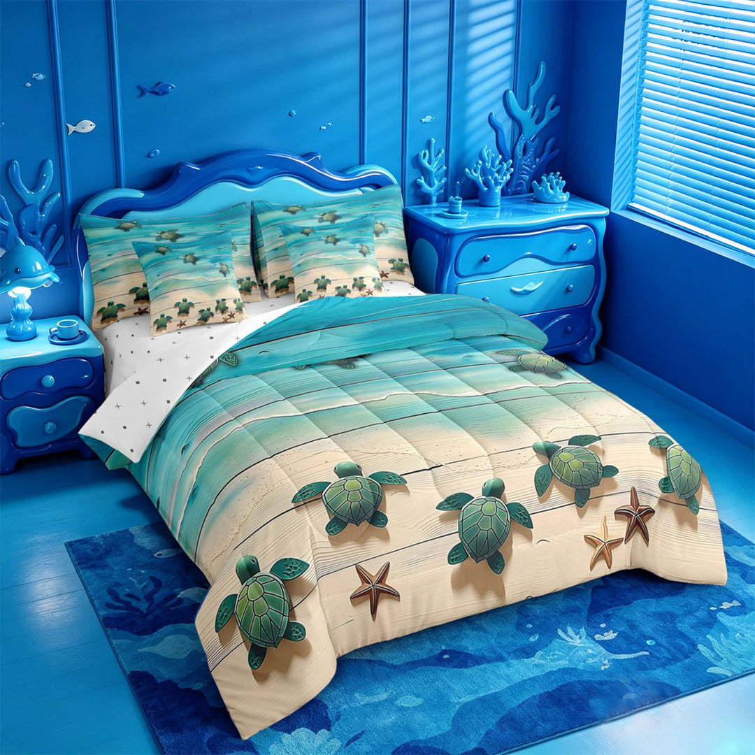 meiyoeat Watercolor Sea Turtle 7 Pieces Full Size Bedding Sets For Boys,Starfish Print Full Size Bed in a Bag