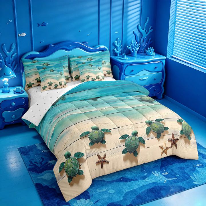 meiyoeat Watercolor Sea Turtle 7 Pieces Full Size Bedding Sets For Boys,Starfish Print Full Size Bed in a Bag