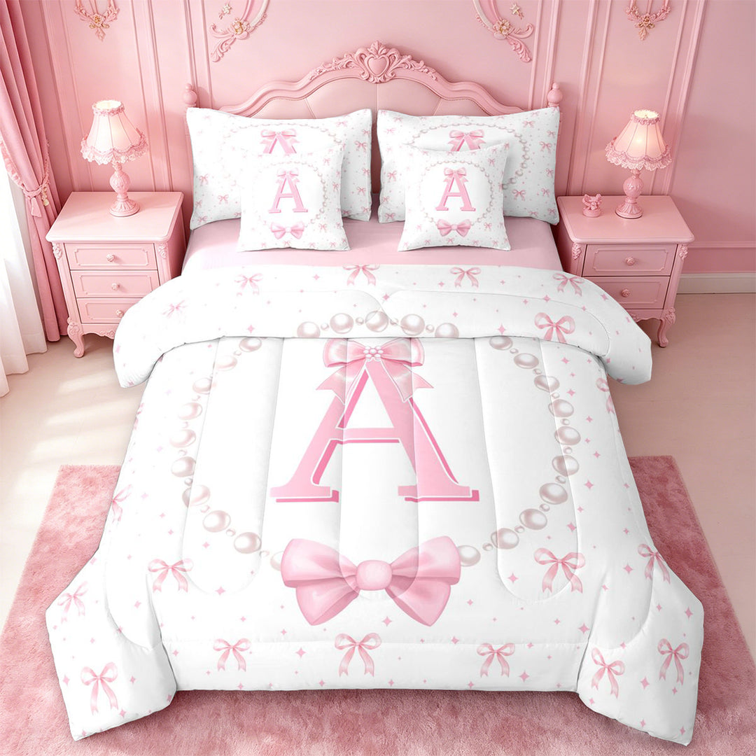 meiyoeat Bow Letter Print A 7 Pieces Full Size Bedding Sets For Girls,Girly Pink Bowknot Full Size Bed in a Bag For Kids,Pink Reversible