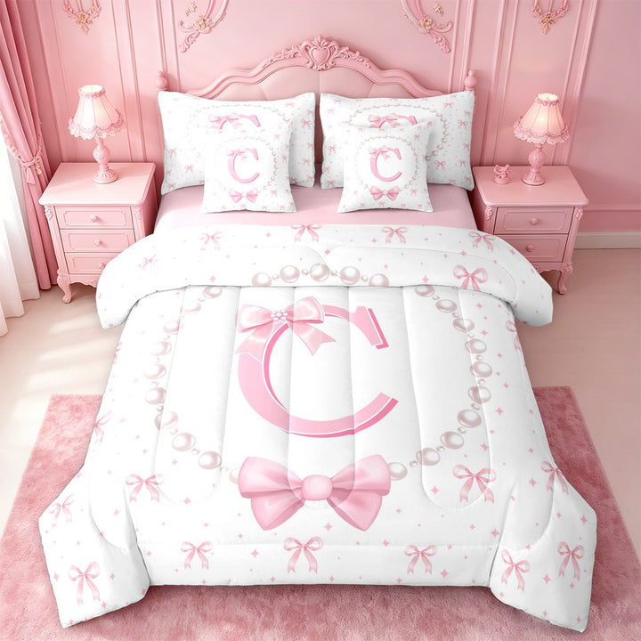 meiyoeat Pink Monogram Bow 7 Pieces Full Size Bedding Sets For Kids,Girls Ribbon Bowknot Letter C Full Size Bed in a Bag Bowtie Lovers,Pink Reversible