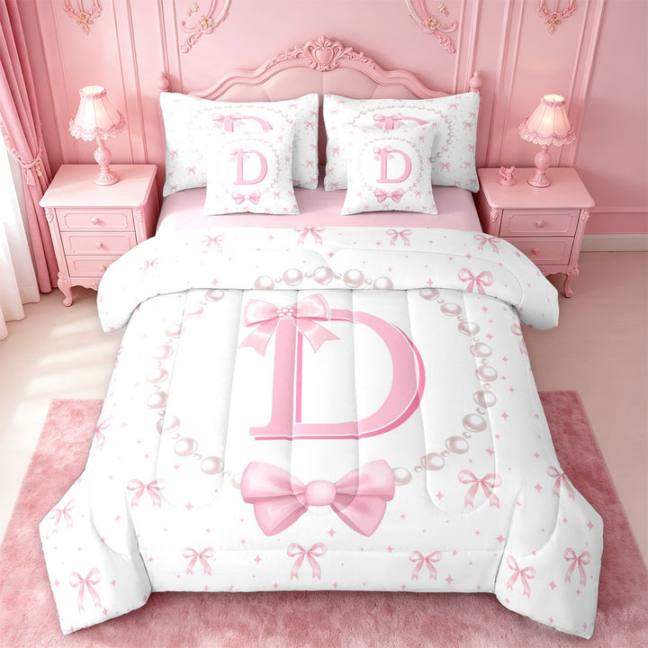 meiyoeat Ribbon Letter Print D 7 Pieces Full Size Bedding Sets For Kids,Fashion Women Pearl Necklace Full Size Bed in a Bag,Pink Reversible
