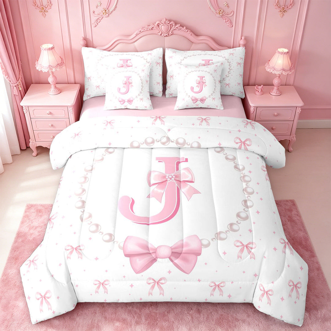 meiyoeat Pink Cute Bowknot 7 Pieces Full Size Bedding Sets For Girls,Kawaii Bowtie Monogrammed J Full Size Bed in a Bag For Kids,Pink Reversible