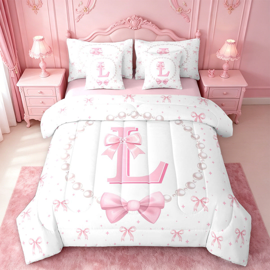 meiyoeat Kawaii Bowtie 7 Pieces Full Size Bedding Sets For Girls,Modern Personalized Initial L Full Size Bed in a Bag For Kids,Pink Reversible