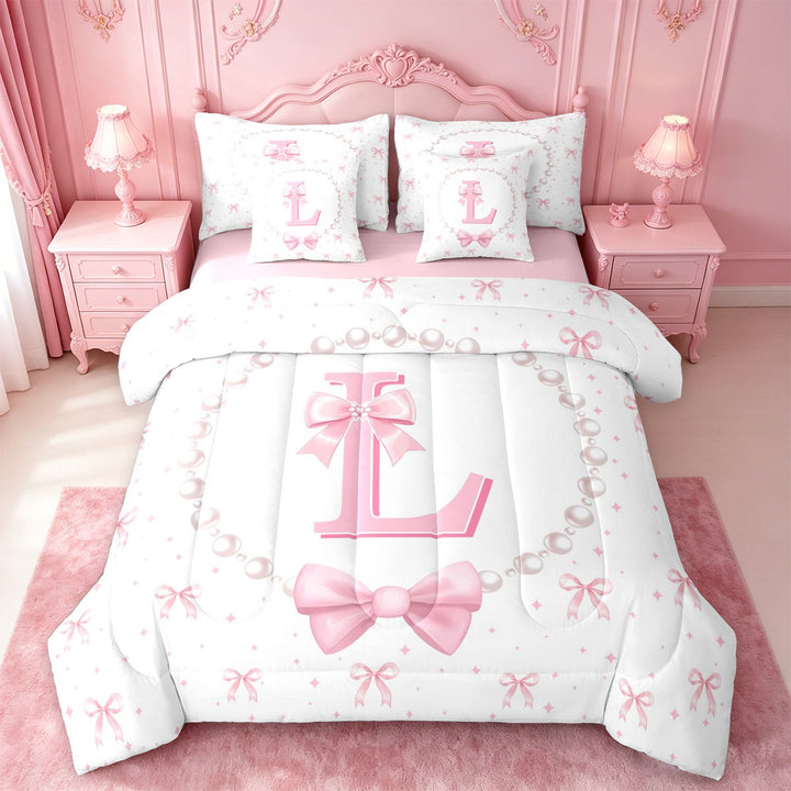 meiyoeat Kawaii Bowtie 7 Pieces Full Size Bedding Sets For Girls,Modern Personalized Initial L Full Size Bed in a Bag For Kids,Pink Reversible