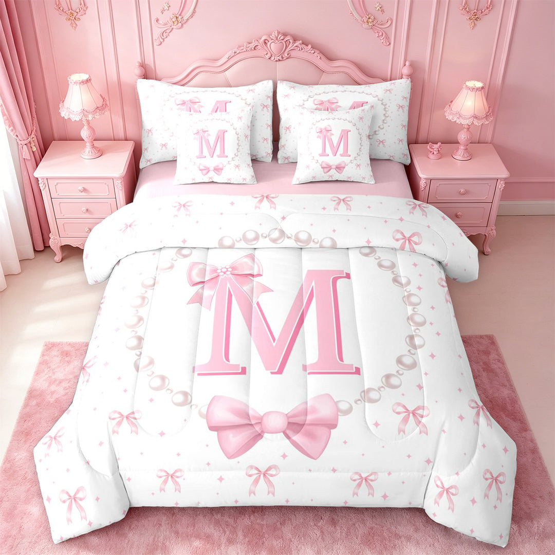 meiyoeat Chic Bow Tie 7 Pieces Full Size Bedding Sets For Bowknot Girls,Pink Initial Letter M Full Size Bed in a Bag For Kids,Pink Reversible