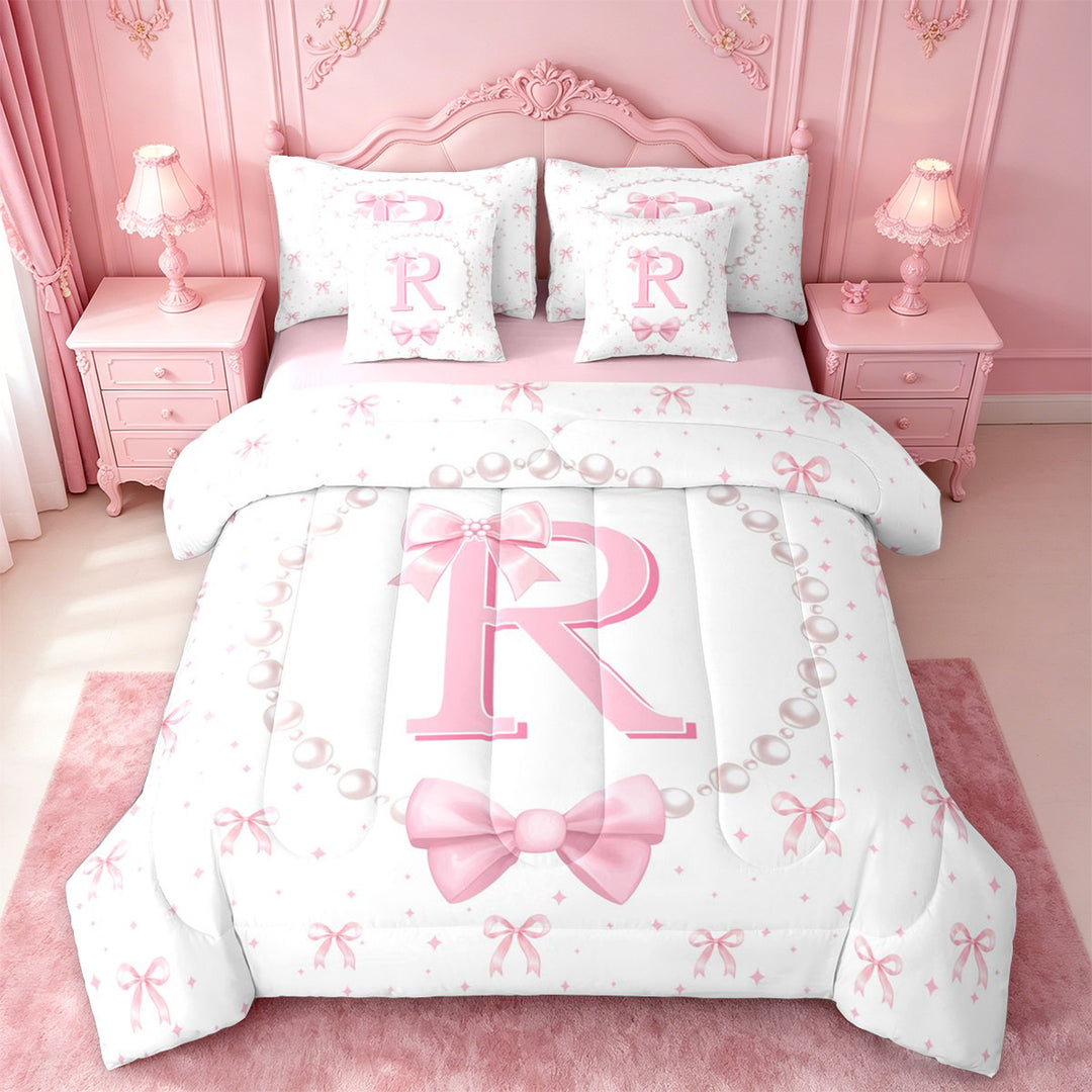 meiyoeat Fashion Women Pearl Necklace 7 Pieces Full Size Bedding Sets,Girly Bowtie Monogrammed R Full Size Bed in a Bag For Kids,Pink Reversible