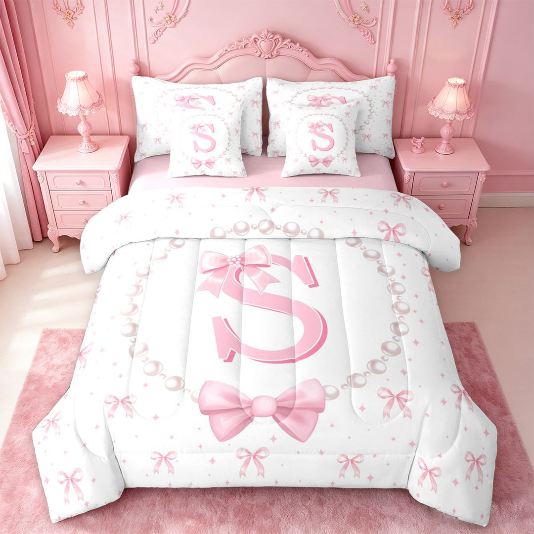 meiyoeat Pink Coquette Bowknot 7 Pieces Full Size Bedding Sets For Girls,Kids Personalized Letter S Print Full Size Bed in a Bag,Pink Reversible