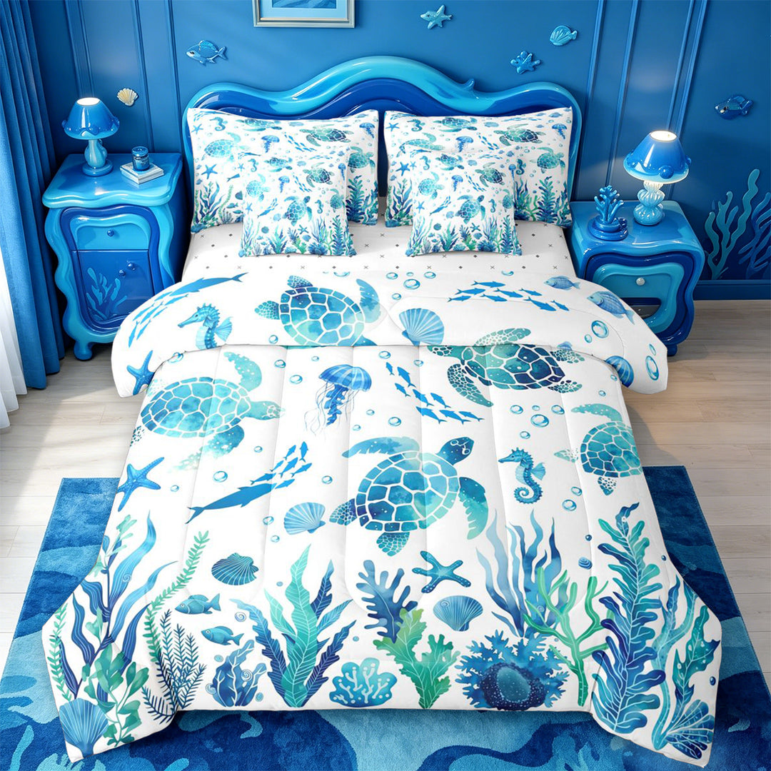 meiyoeat Watercolor Sea Turtle 7 Pieces Full Size Bedding Sets For Boys,Ocean Animal Starfish Full Size Bed in a Bag,Reversible