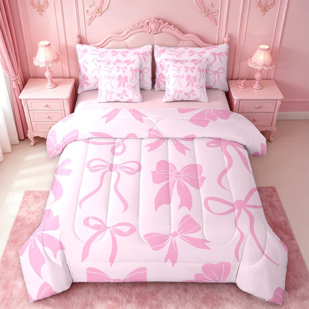 meiyoeat Pink Girly Bow 7 Pieces Full Size Bedding Sets For Kids,Ribbon Bowknot Full Size Bed in a Bag For Bowtie Lovers,Pink Reversible