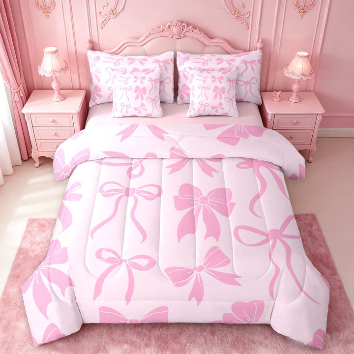 meiyoeat Pink Girly Bow 7 Pieces Full Size Bedding Sets For Kids,Ribbon Bowknot Full Size Bed in a Bag For Bowtie Lovers,Pink Reversible