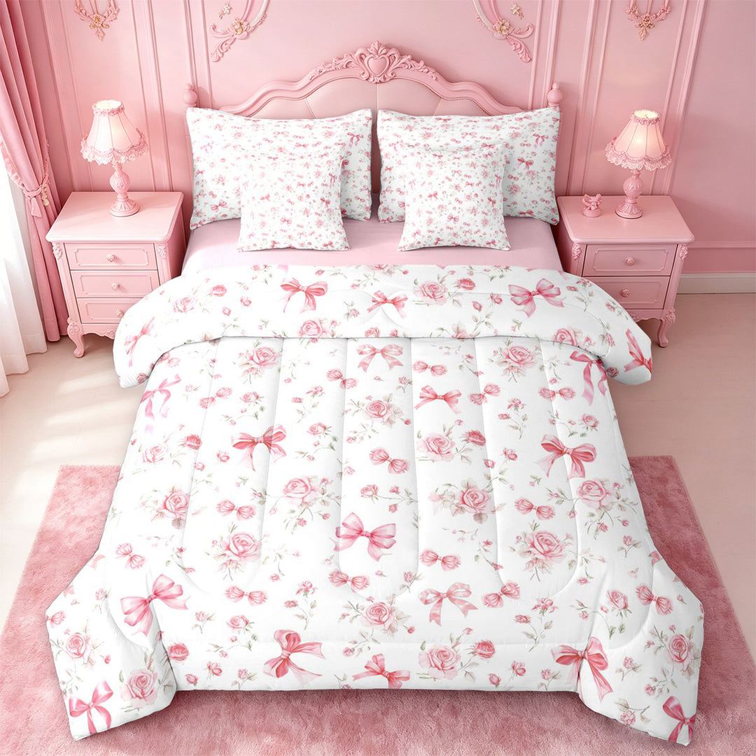 meiyoeat Pink Cute Flowers 7 Pieces Full Size Bedding Sets For Girls,Kawaii Coquette Bowknot Full Size Bed in a Bag For Kids,Pink Reversible
