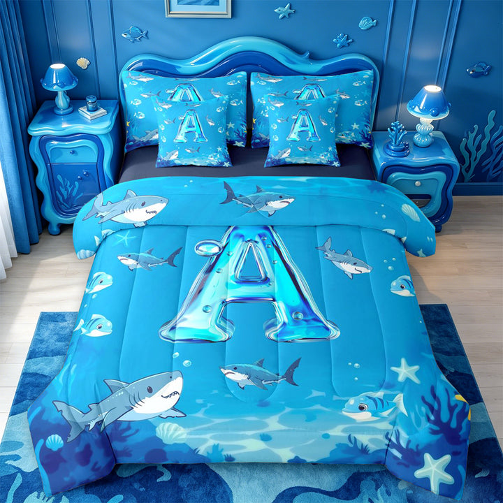 meiyoeat Cute Shark Monogram A 7 Pieces Full Size Bedding Sets For Boys,Ocean Theme Full Size Bed in a Bag,Navy Blue Reversible