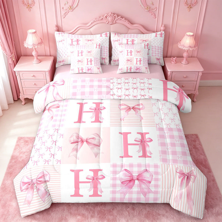 meiyoeat Modern Geometric Plaid 7 Pieces Full Size Bedding Sets For Kids,Pink Coquette Bow Initial Letter H Full Size Bed in a Bag,Pink Reversible
