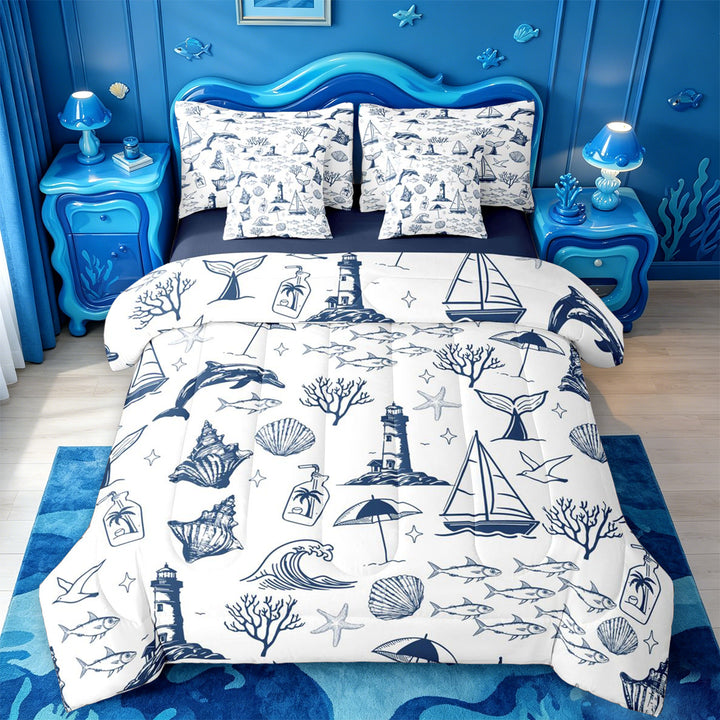 meiyoeat Sea Navigation Theme 7 Pieces Full Size Bedding Sets For Boys,Ocean Lighthouse Cute Whale Full Size Bed in a Bag,Reversible