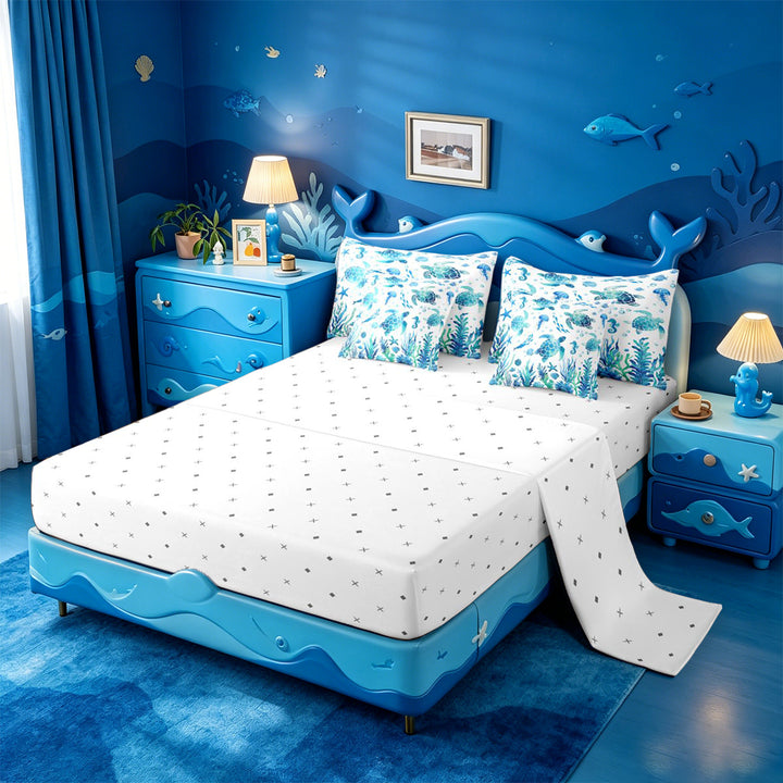 meiyoeat Watercolor Sea Turtle 7 Pieces Full Size Bedding Sets For Boys,Ocean Animal Starfish Full Size Bed in a Bag,Reversible