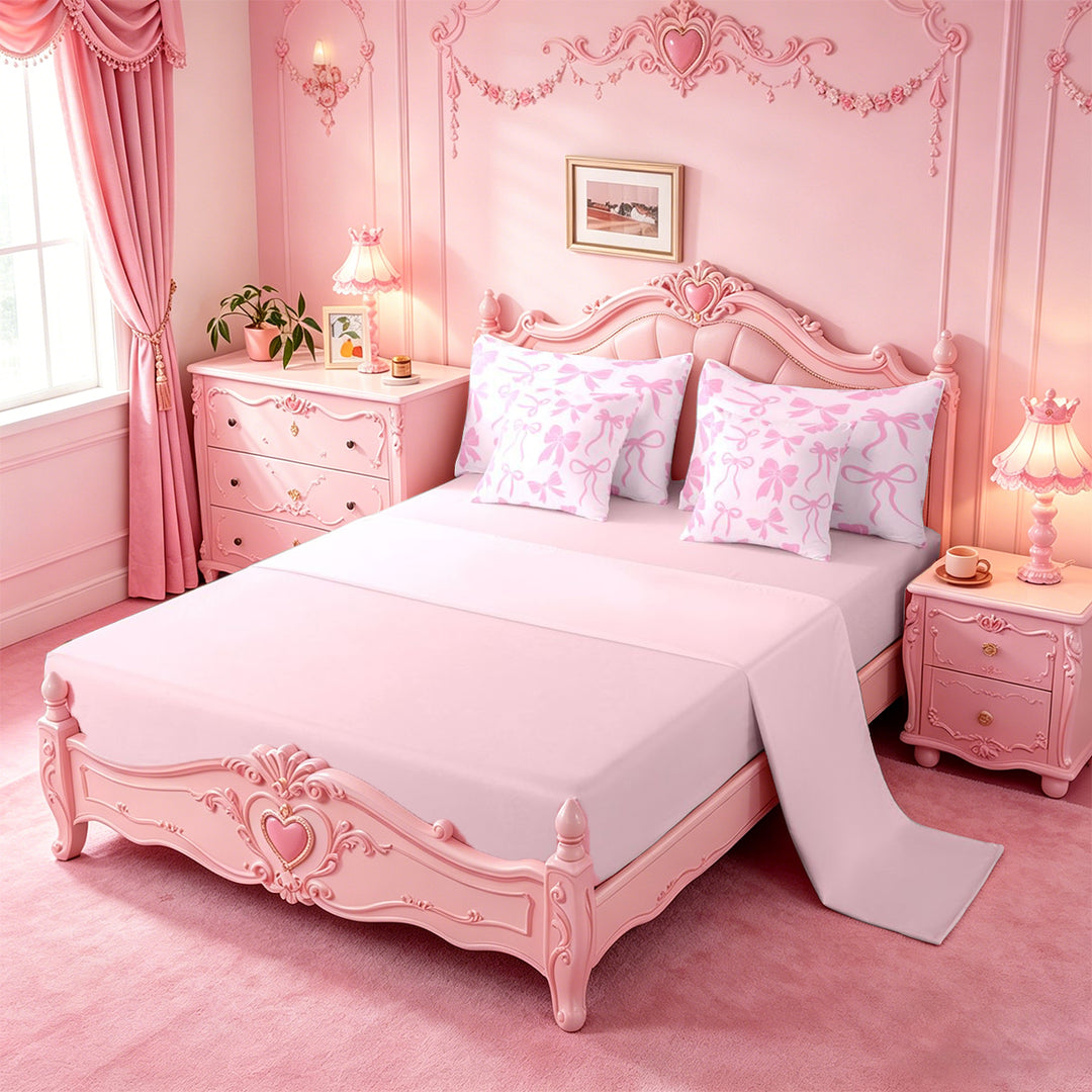 meiyoeat Pink Girly Bow 7 Pieces Full Size Bedding Sets For Kids,Ribbon Bowknot Full Size Bed in a Bag For Bowtie Lovers,Pink Reversible