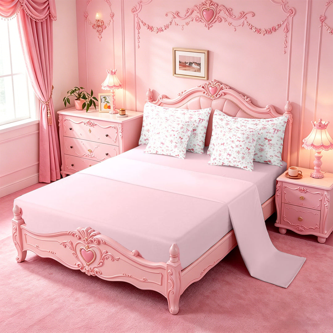 meiyoeat Pink Cute Flowers 7 Pieces Full Size Bedding Sets For Girls,Kawaii Coquette Bowknot Full Size Bed in a Bag For Kids,Pink Reversible