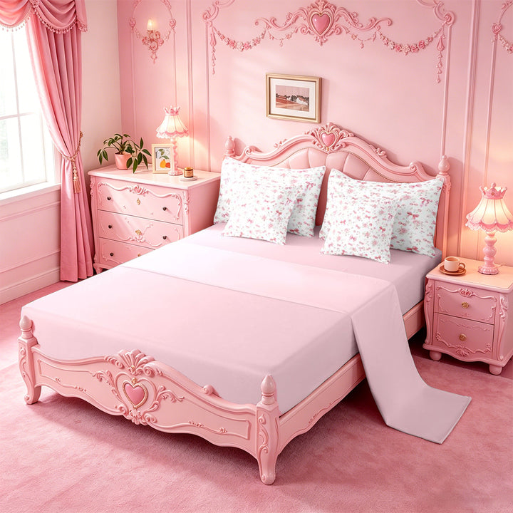 meiyoeat Pink Cute Flowers 7 Pieces Full Size Bedding Sets For Girls,Kawaii Coquette Bowknot Full Size Bed in a Bag For Kids,Pink Reversible