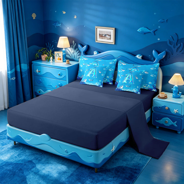 meiyoeat Cute Shark Monogram A 7 Pieces Full Size Bedding Sets For Boys,Ocean Theme Full Size Bed in a Bag,Navy Blue Reversible